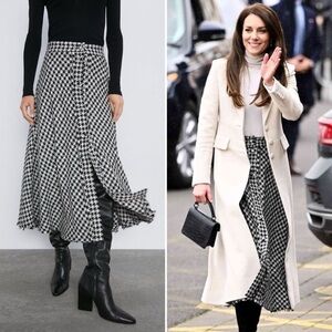 Zara Houndstooth Tweed Midi Skirt ASO Kate Middleton